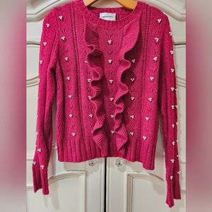 Industry Pearl Beaded Ruffle Pointelle Knit Sweater L  Feminine Cranberry Pink
